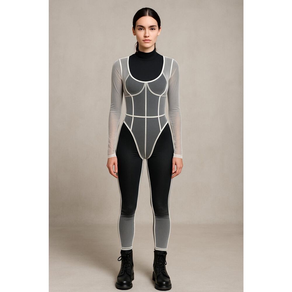 Skims Fine Mesh Catsuit Marble White Festival Hacker Avant-garde Lingerie XL NWT